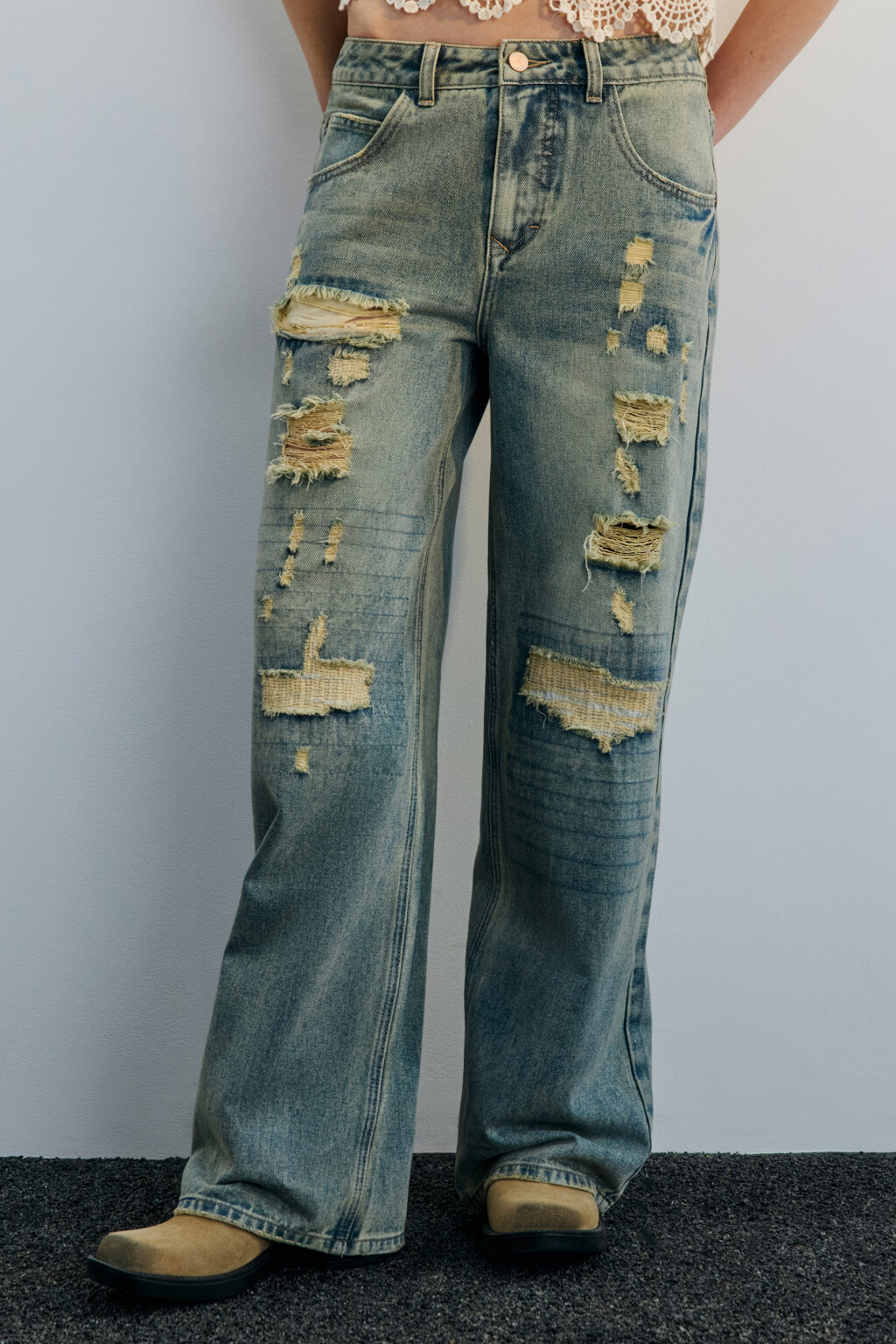 Джинсы baggy fit широкие рваные - цвет темный тинт - 3