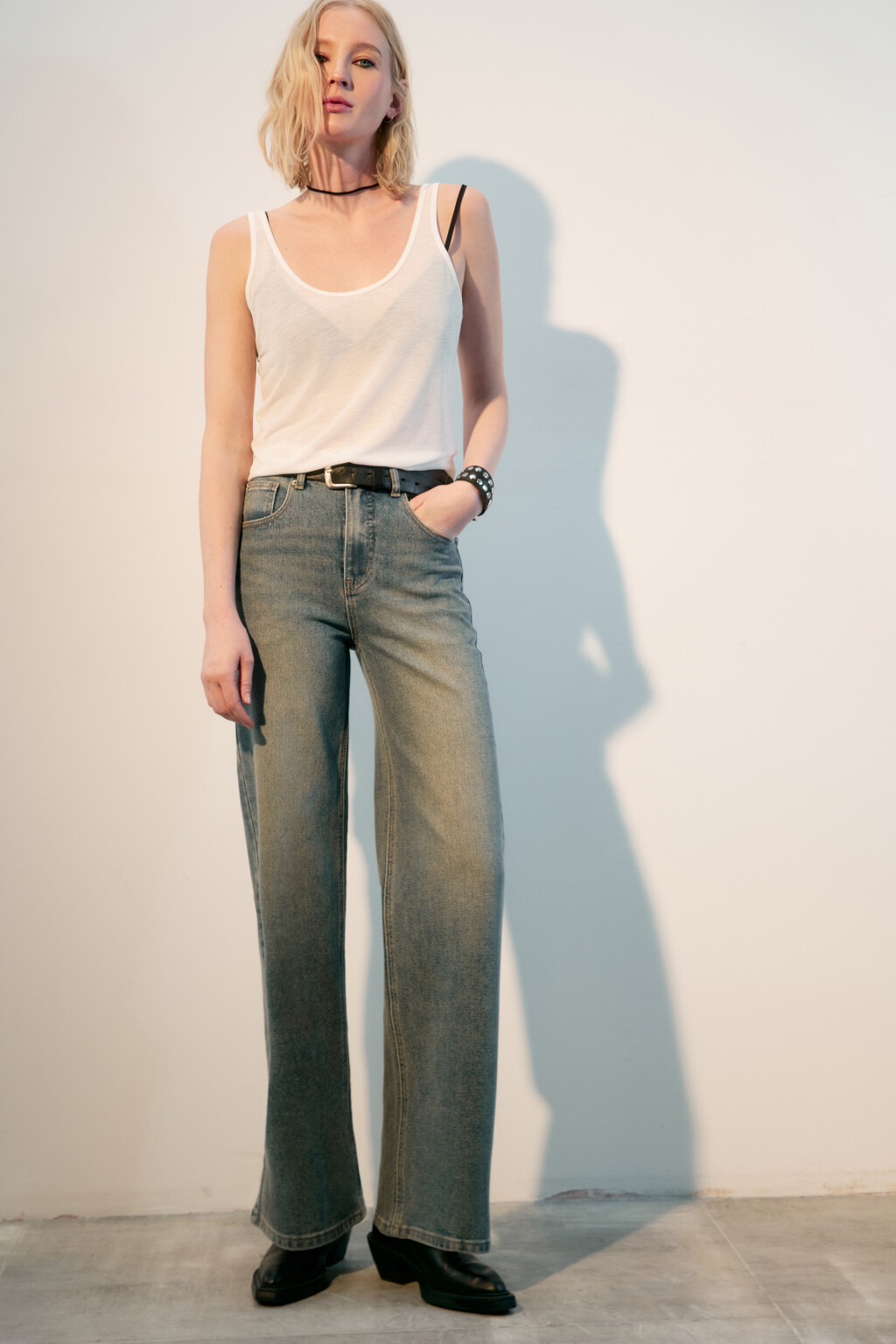 Джинсы широкие с высокой посадкой - цвет темный тинт - 1