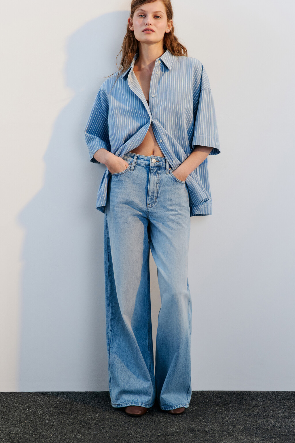 Джинсы широкие с высокой посадкой - цвет голубой - 1