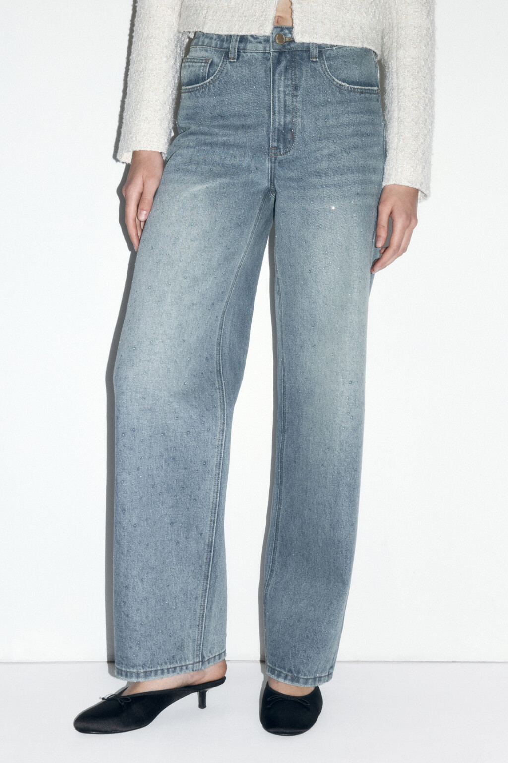 Джинсы прямые с декором из страз - цвет синий - 1