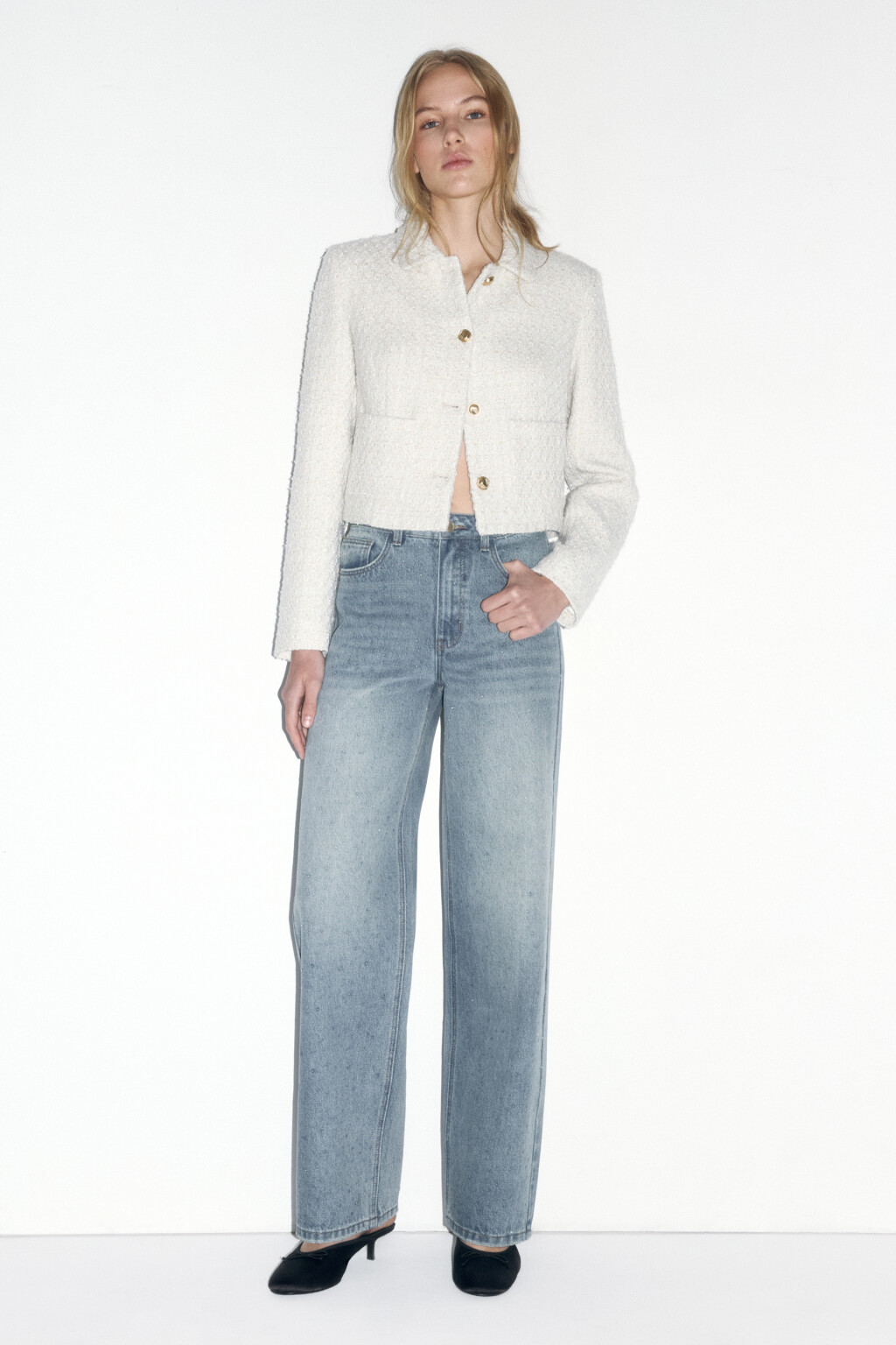 Джинсы прямые с декором из страз - цвет синий - 3