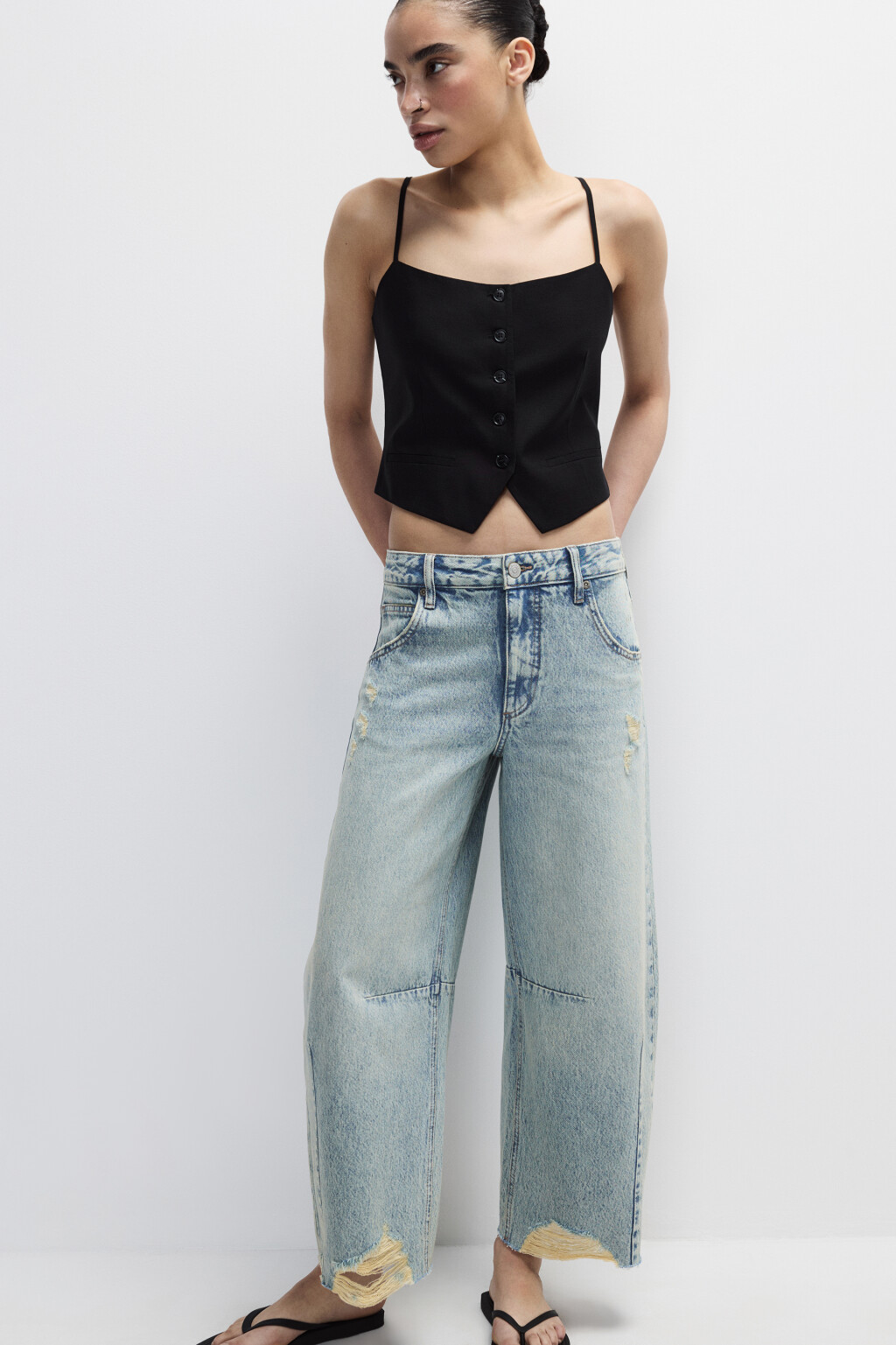 Джинсы barrel fit рваные с потертостями - цвет синий - 1