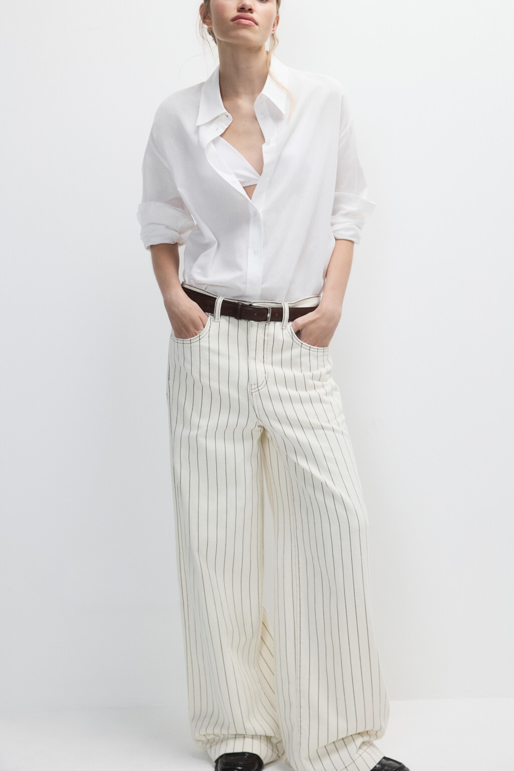 Джинсы широкие с принтом в полоску - цвет бежевый - 3