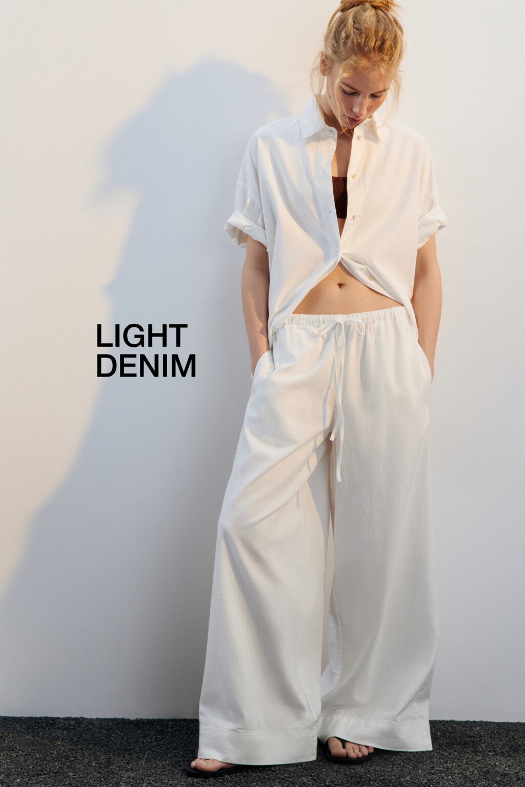 Брюки широкие с поясом на завязках - цвет белый - 1