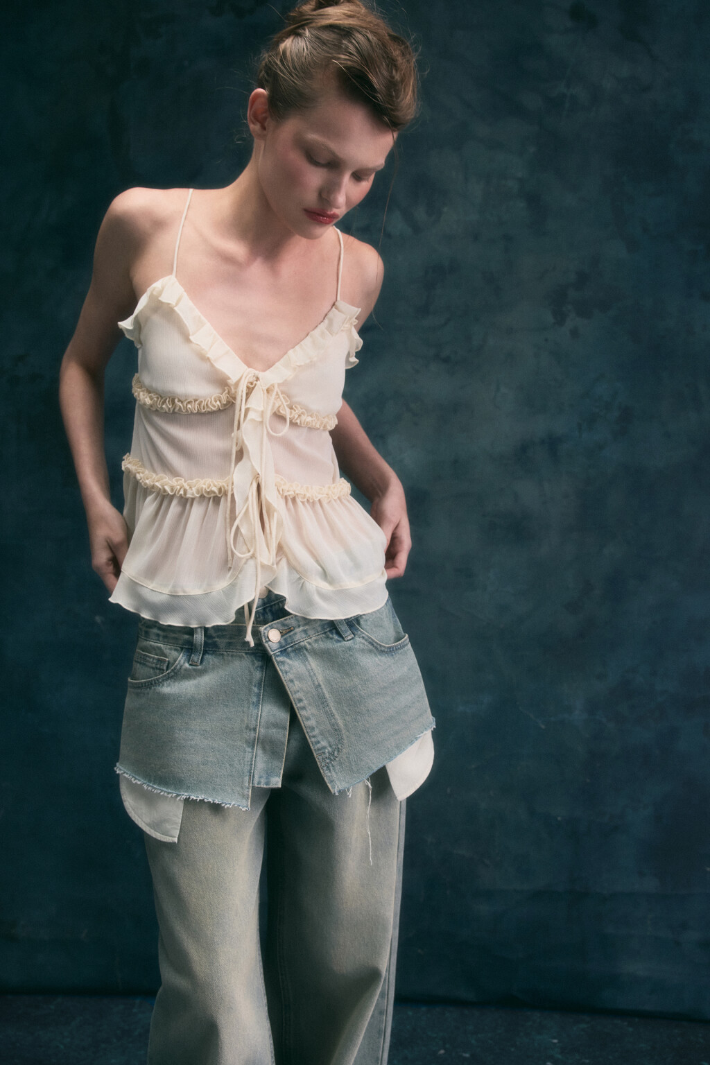 Джинсы широкие с имитацией юбки - цвет синий - 1