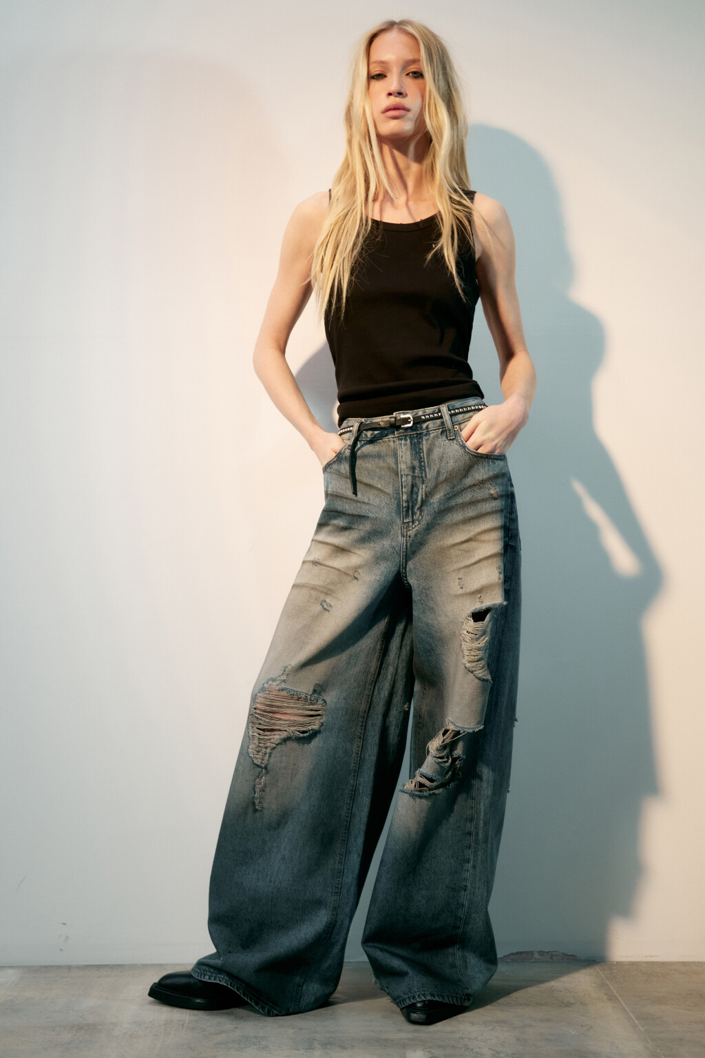 Джинсы baggy fit с состаренным эффектом - цвет синий - 1