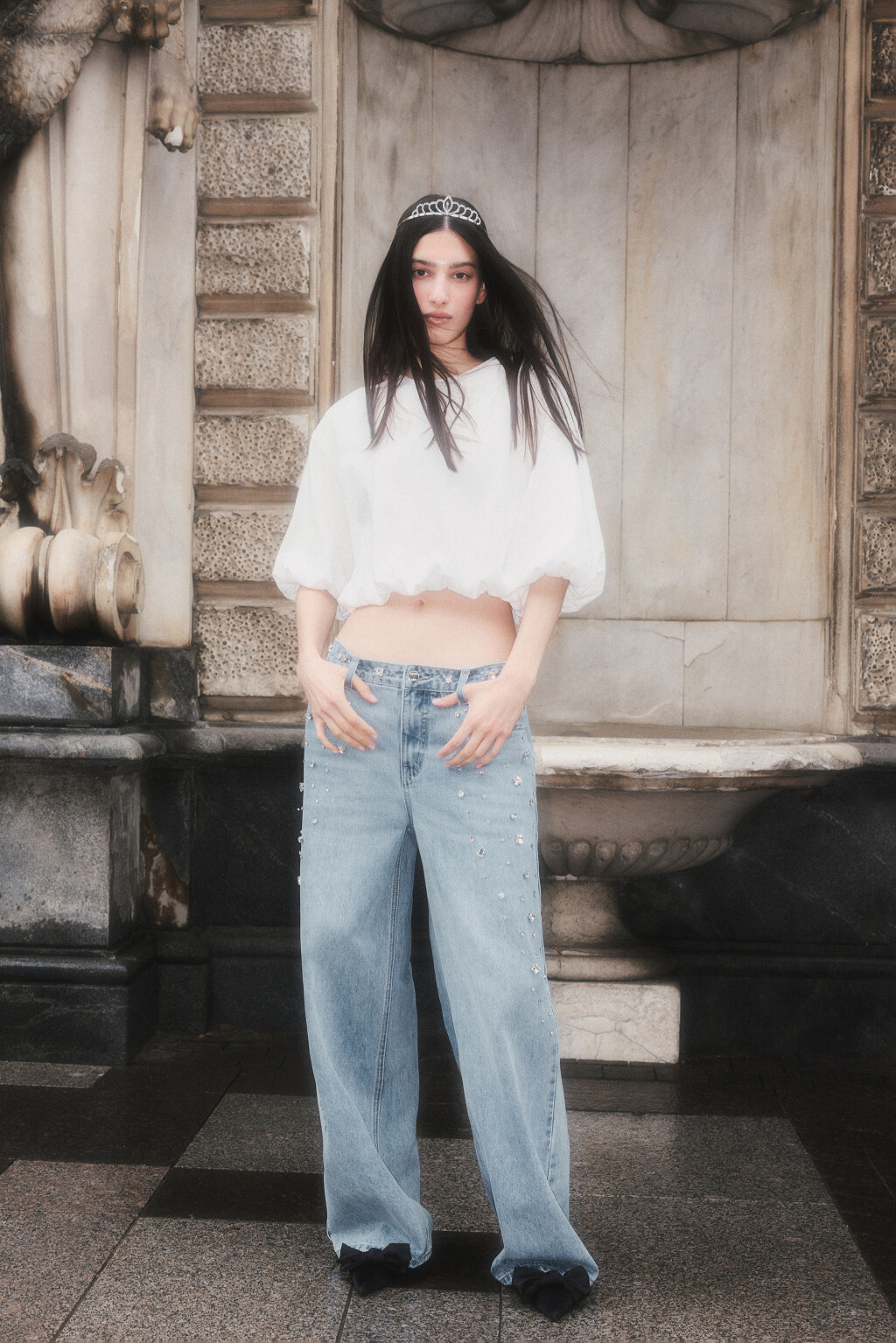 Джинсы baggy fit с кристаллами - цвет голубой - 8