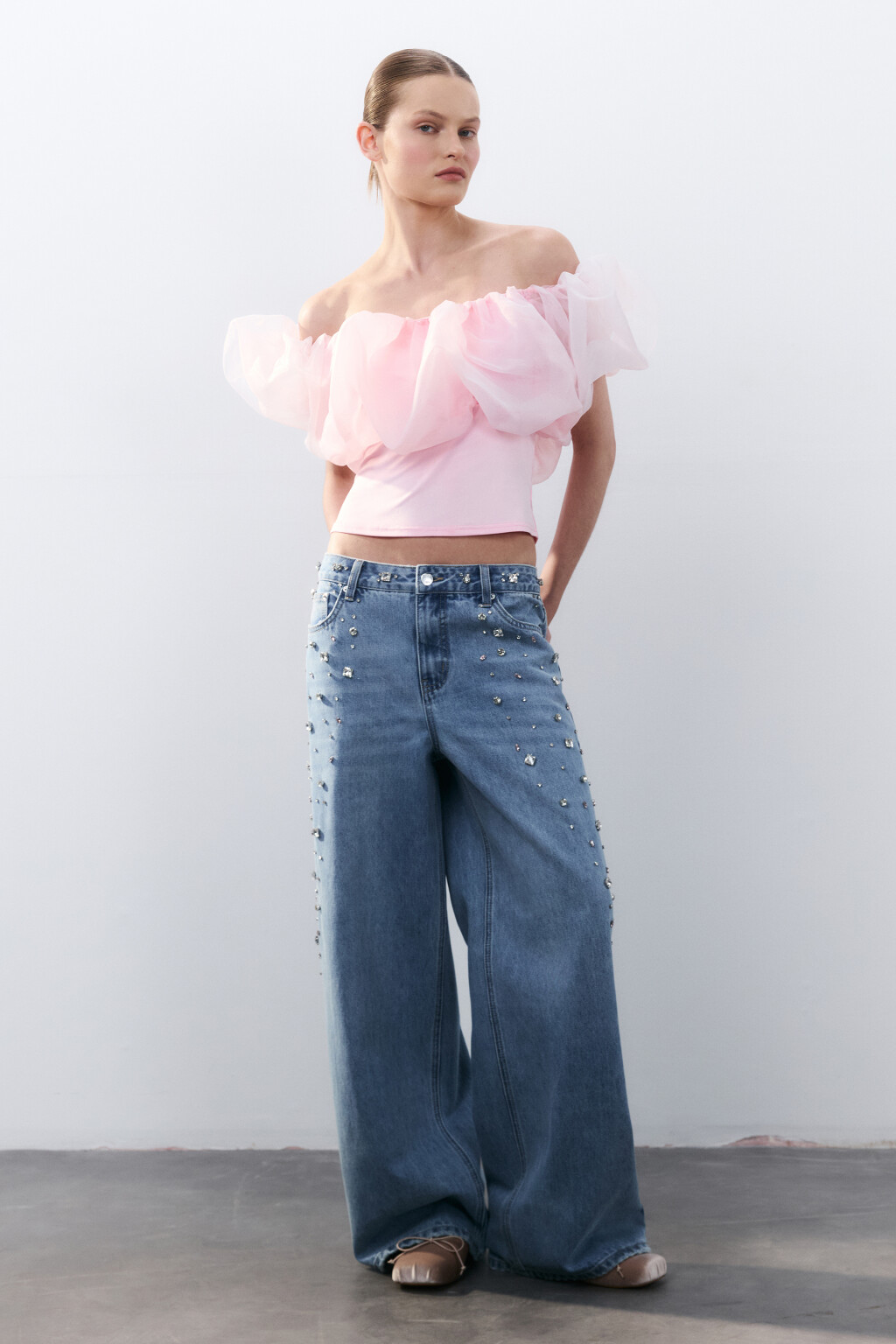 Джинсы baggy fit с кристаллами - цвет голубой - 4