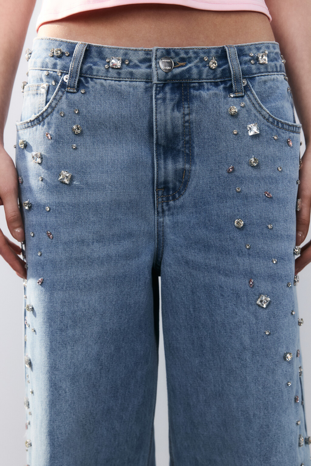 Джинсы baggy fit с кристаллами - цвет голубой - 5