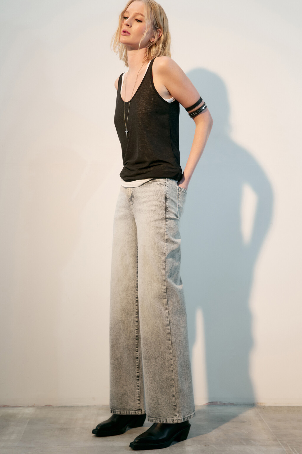 Джинсы широкие с высокой посадкой - цвет серый - 1