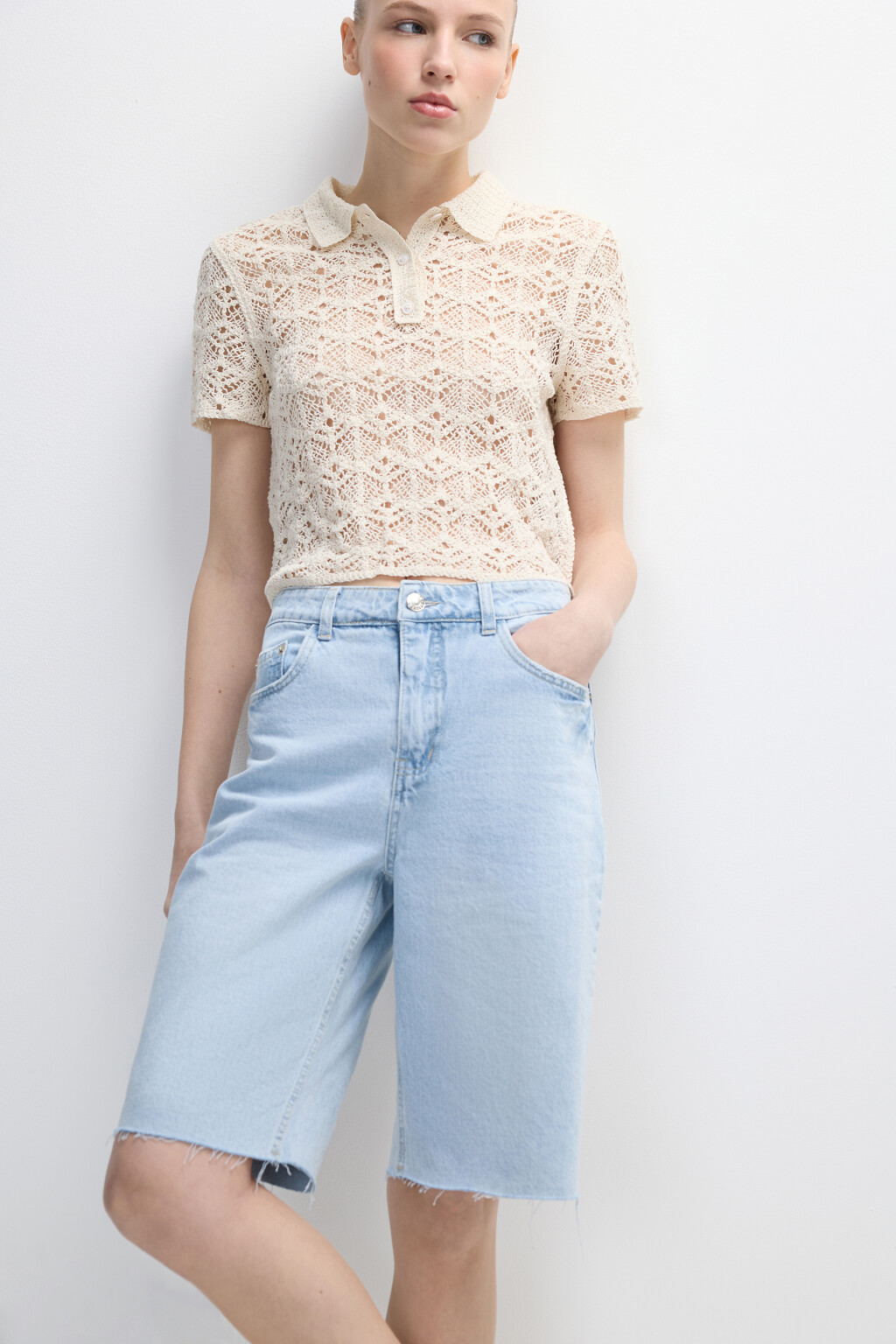 Шорты джинсовые прямые с высокой посадкой - цвет голубой - 1