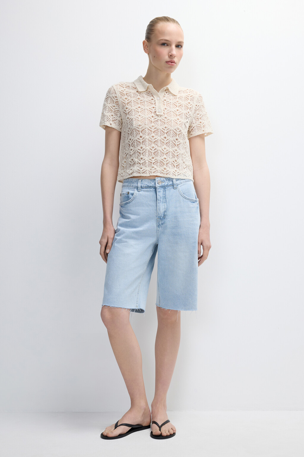 Шорты джинсовые прямые с высокой посадкой - цвет голубой - 4