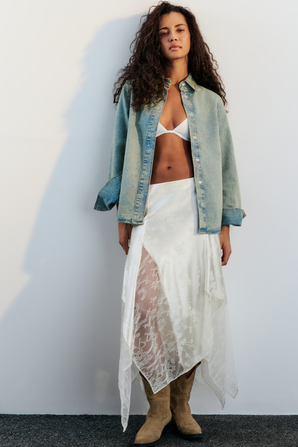 Рубашка-овершот джинсовая с вареным эффектом - цвет синий - 1