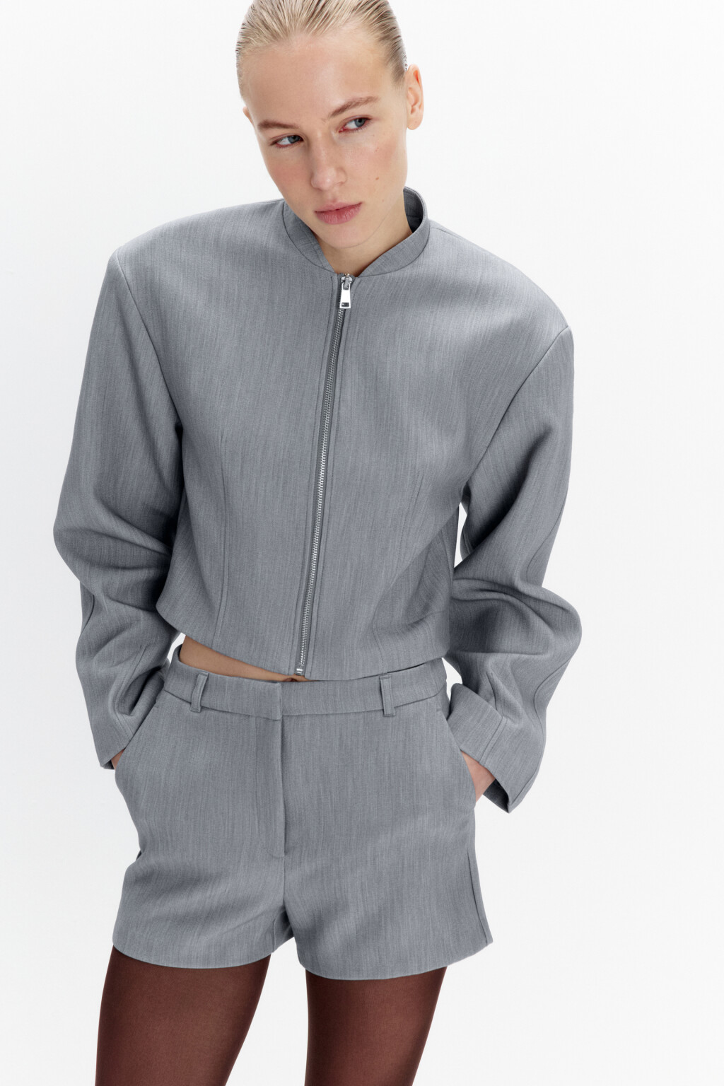 Жакет oversize укороченный на молнии - цвет серый - 1