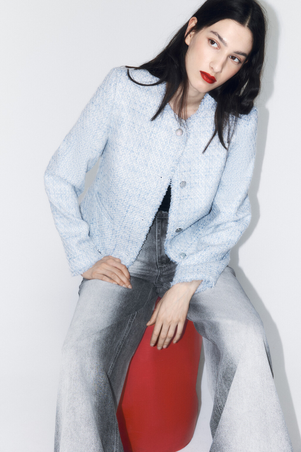 Жакет твидовый укороченный с бахромой - цвет голубой - 4