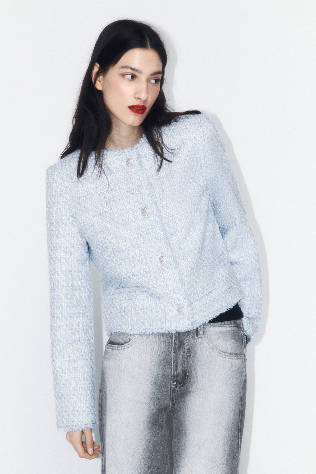 Жакет твидовый укороченный с бахромой - цвет голубой - 5