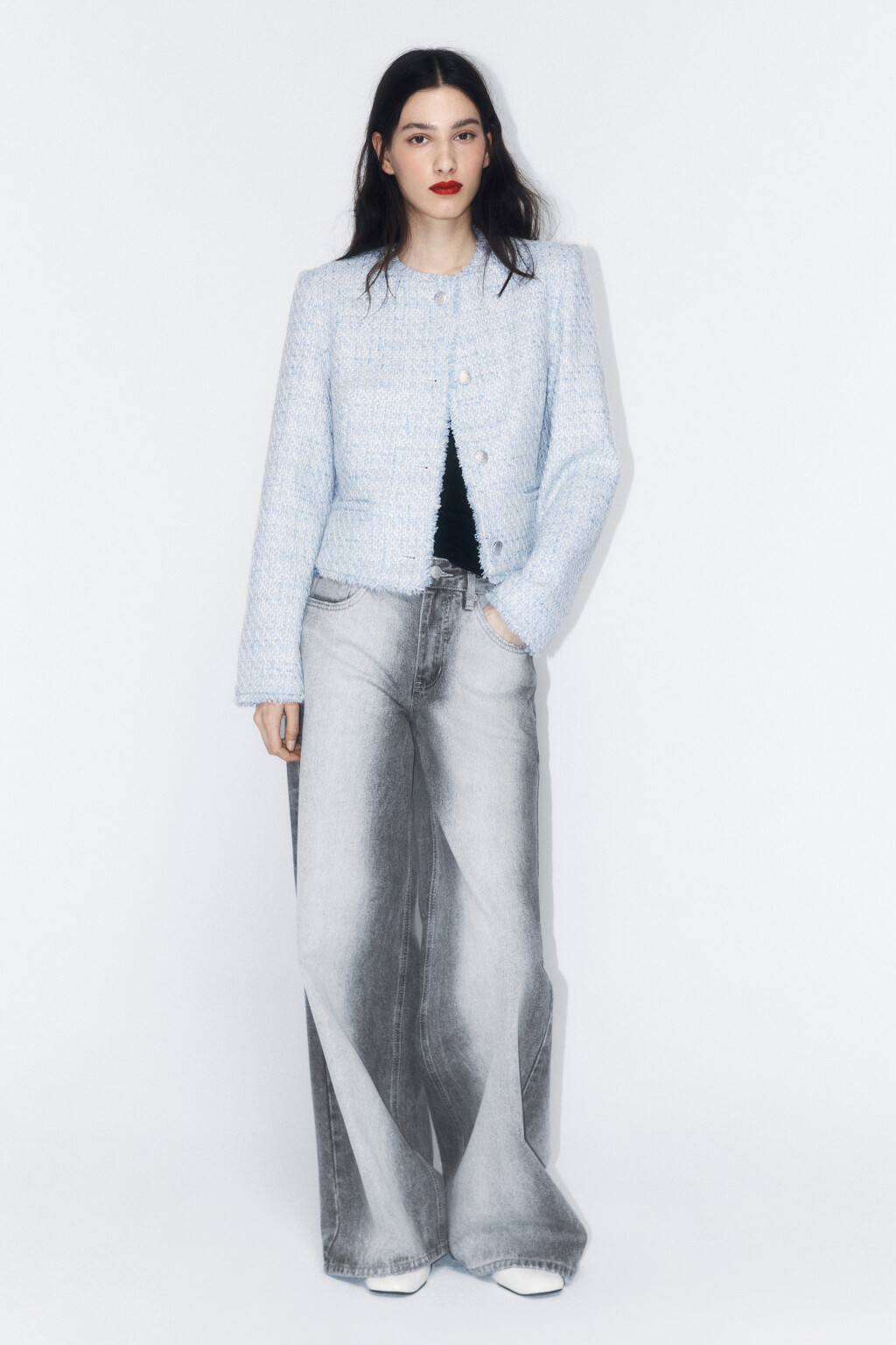 Жакет твидовый укороченный с бахромой - цвет голубой - 7