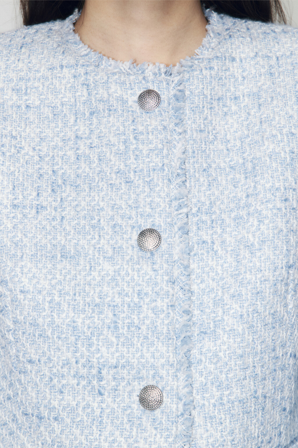 Жакет твидовый укороченный с бахромой - цвет голубой - 9