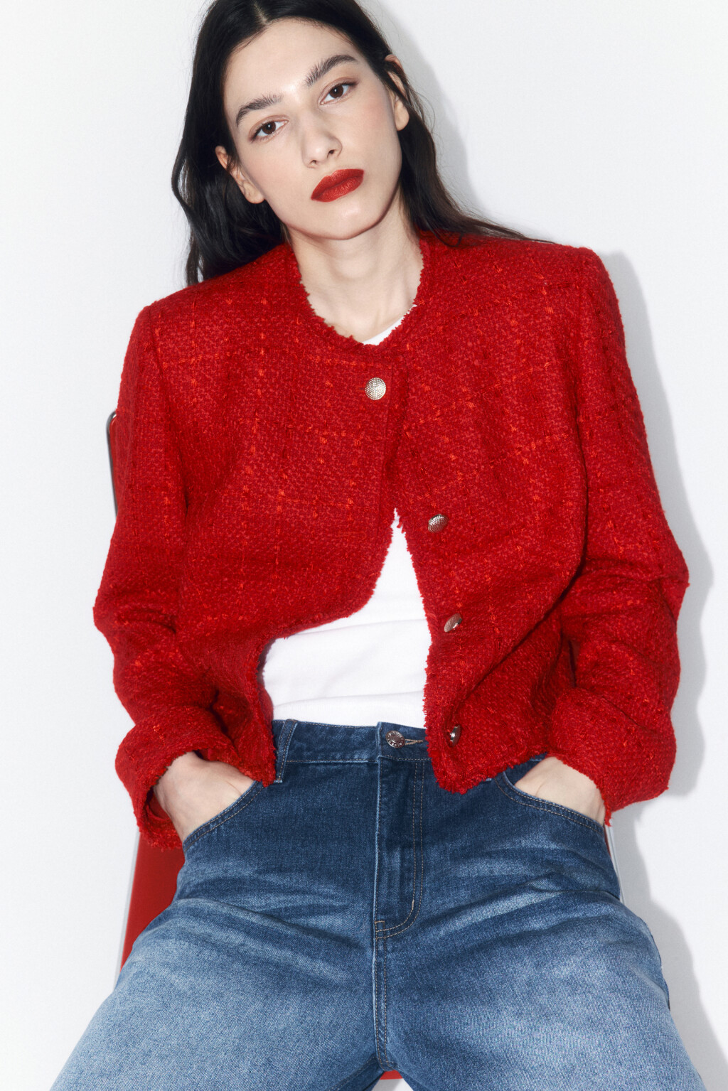 Жакет твидовый укороченный с бахромой - цвет красный - 1