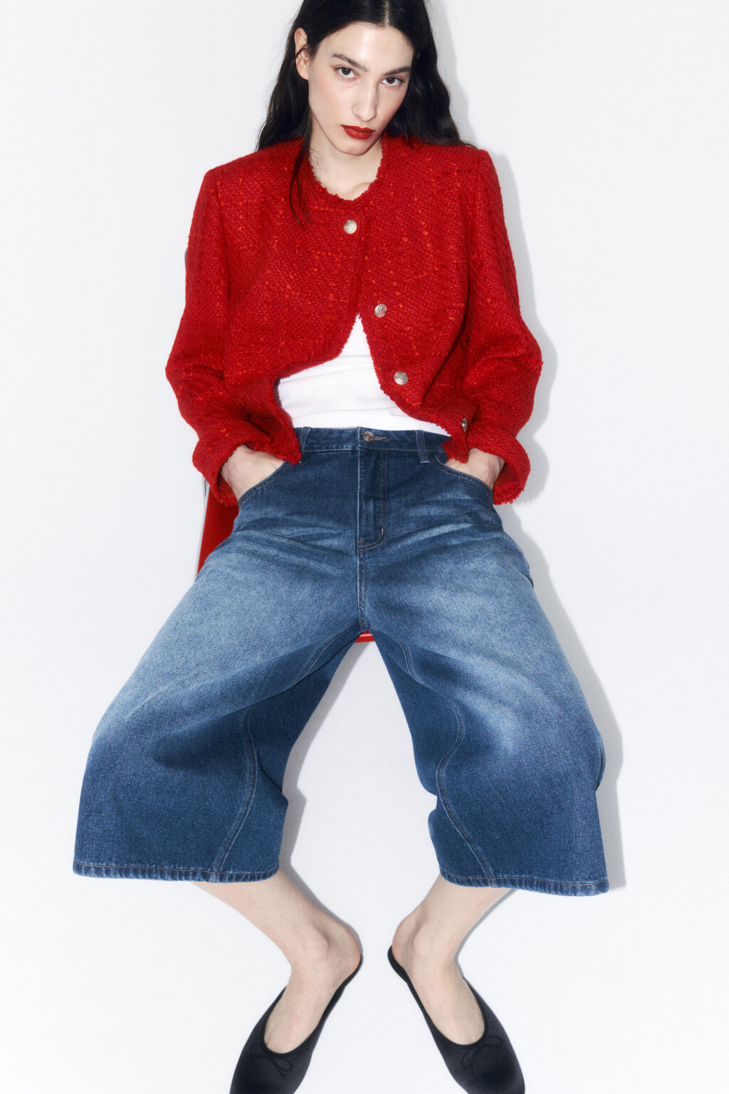 Жакет твидовый укороченный с бахромой - цвет красный - 2