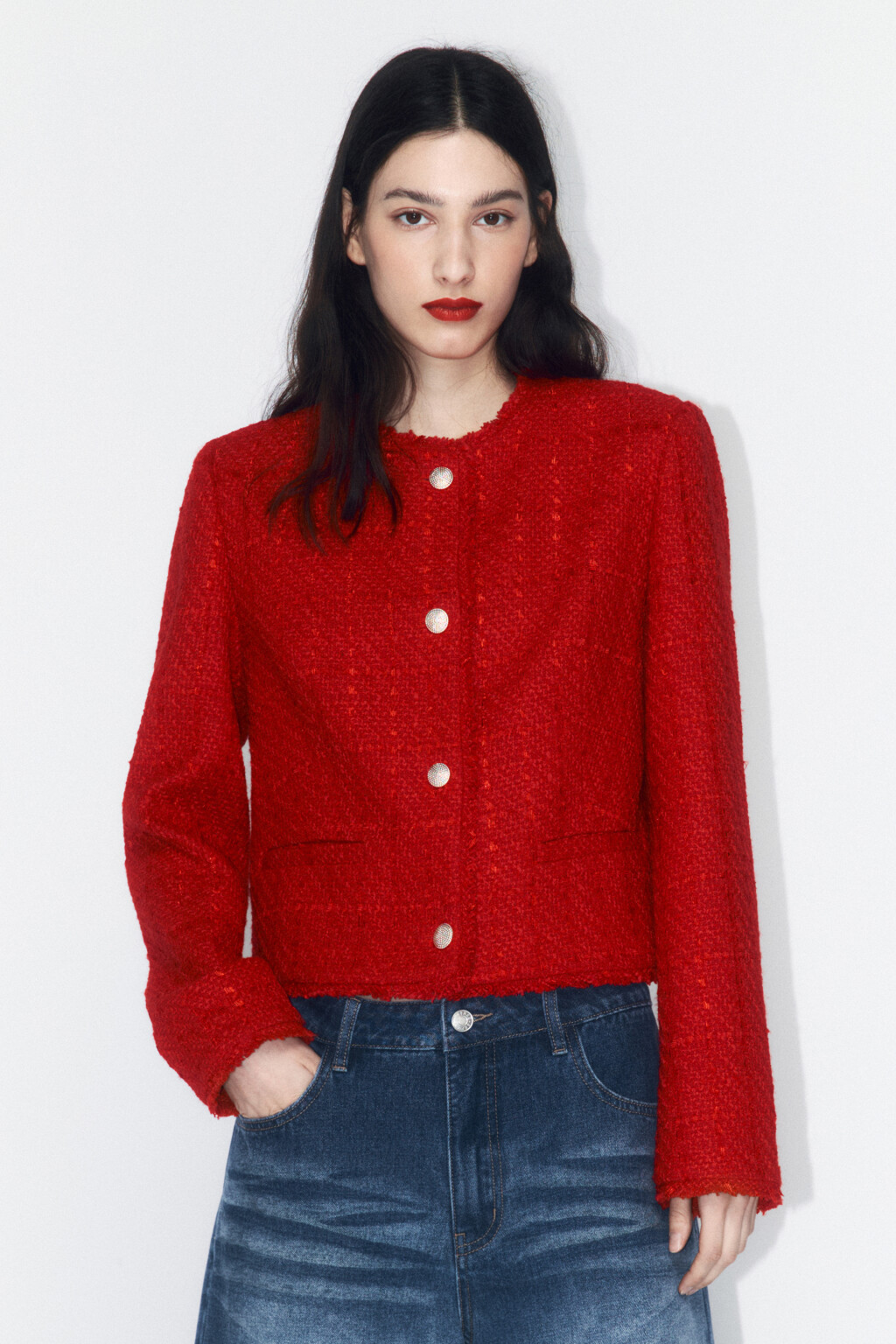 Жакет твидовый укороченный с бахромой - цвет красный - 3
