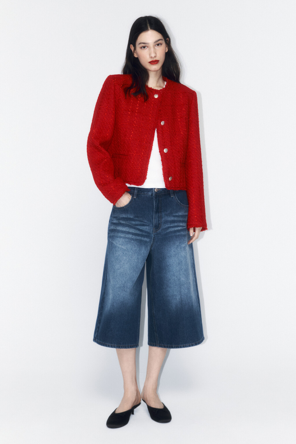 Жакет твидовый укороченный с бахромой - цвет красный - 5