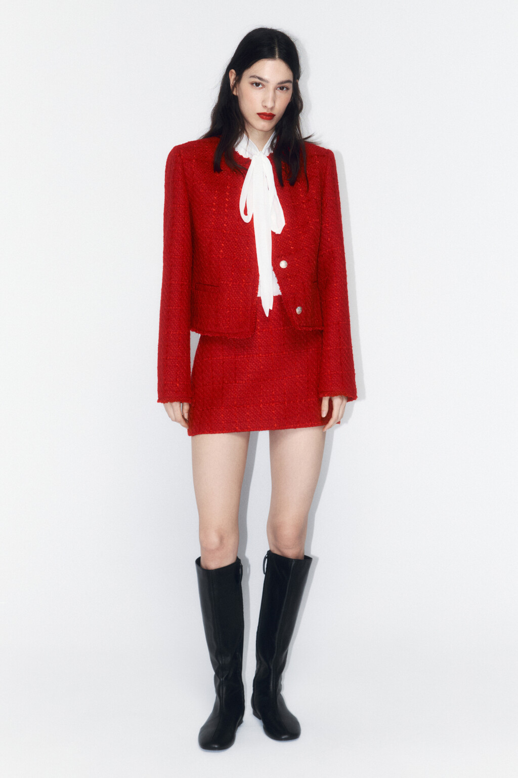 Жакет твидовый укороченный с бахромой - цвет красный - 6
