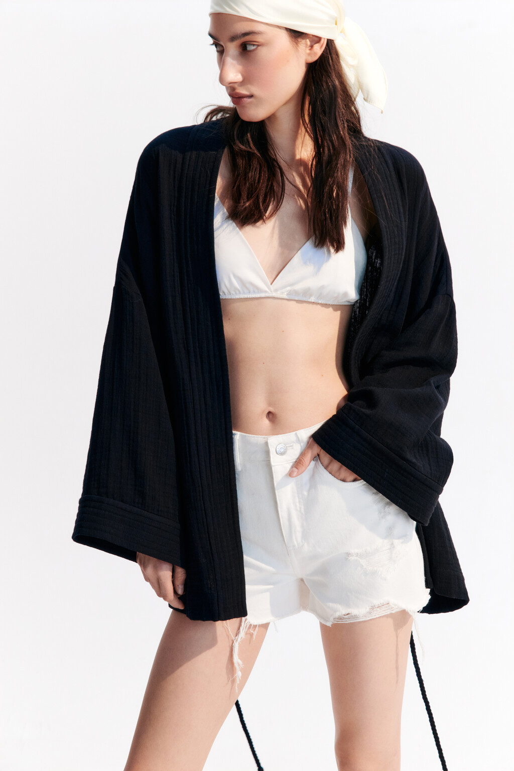 Блузка-кимоно с поясом - цвет черный - 1