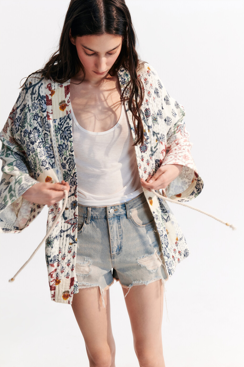 Блузка-кимоно с поясом - цвет мультиколор - 1