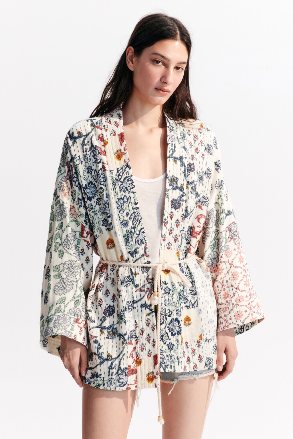 Блузка-кимоно с поясом - цвет мультиколор - 3