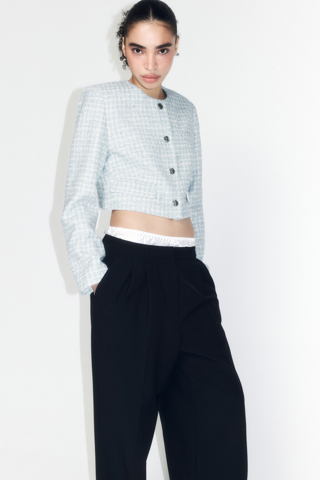 Жакет твидовый укороченный - цвет голубой - 1