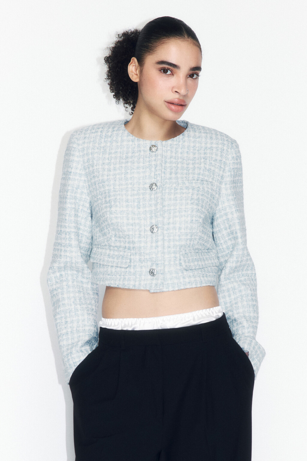 Жакет твидовый укороченный - цвет голубой - 2