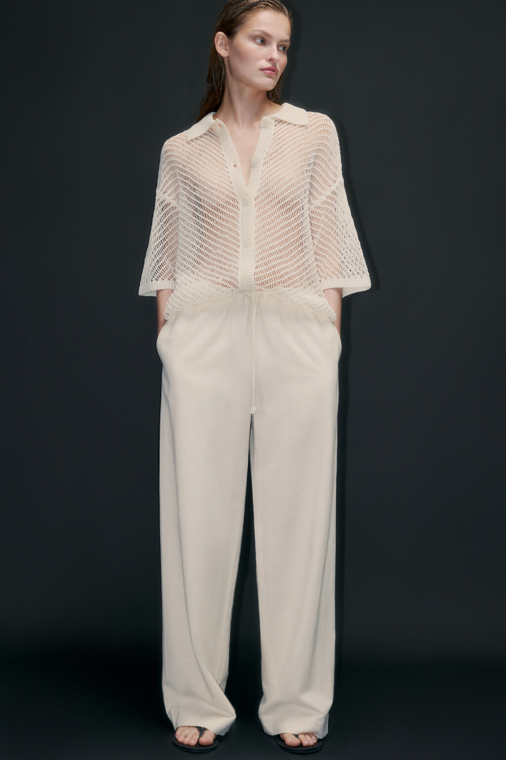 Брюки широкие с поясом на завязках - цвет бежевый - 1