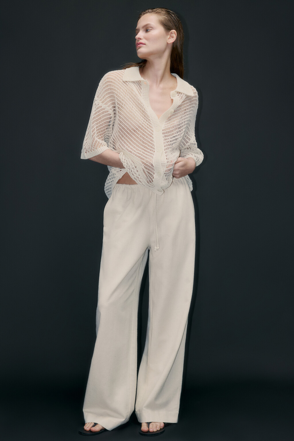 Брюки широкие с поясом на завязках - цвет бежевый - 2