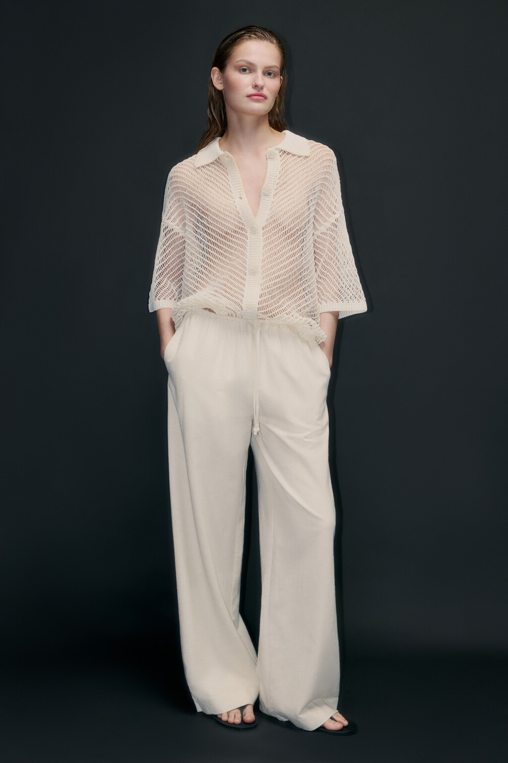 Брюки широкие с поясом на завязках - цвет бежевый - 5