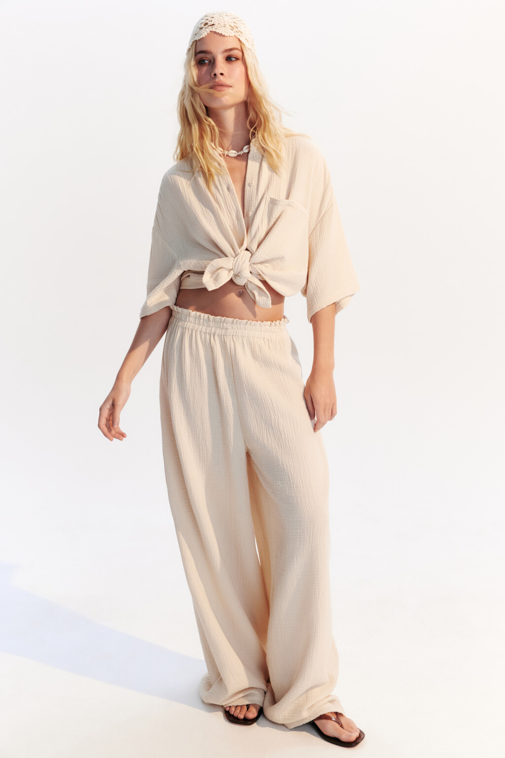 Брюки-палаццо из хлопкового муслина - цвет бежевый - 1