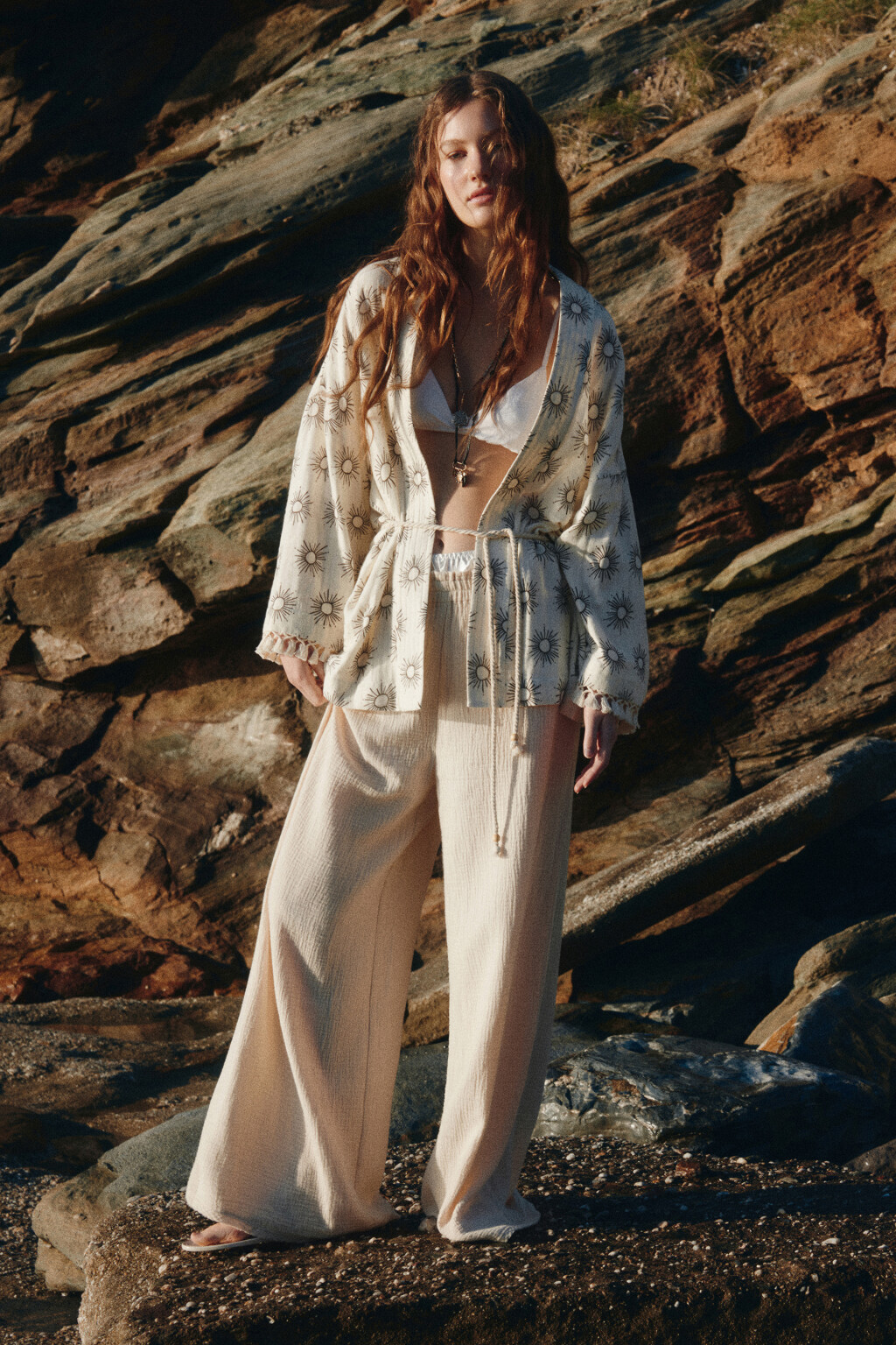 Брюки-палаццо из хлопкового муслина - цвет бежевый - 7