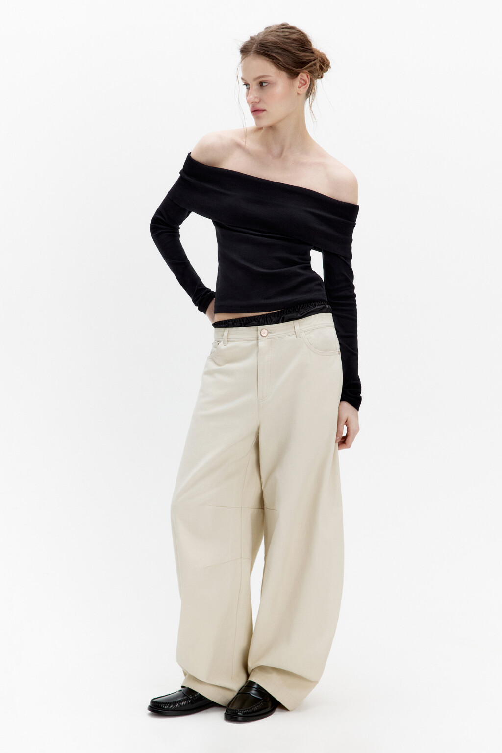 Брюки barrel fit широкие со средней посадкой - цвет бежевый - 1