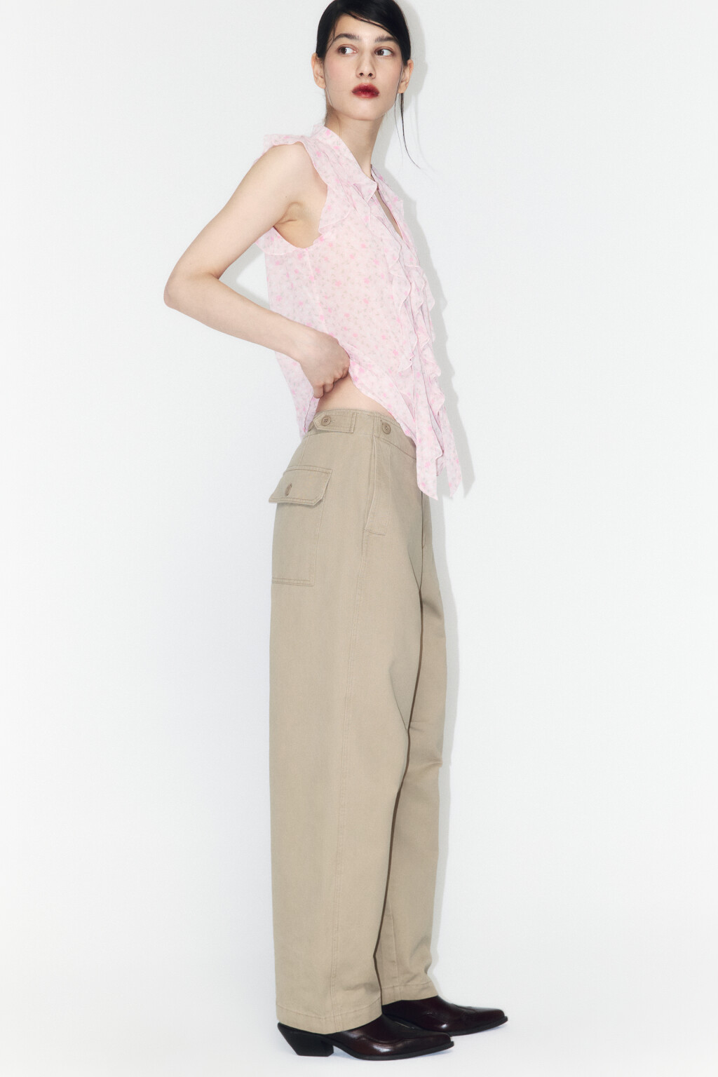 Брюки barrel fit широкие со средней посадкой - цвет бежевый - 1