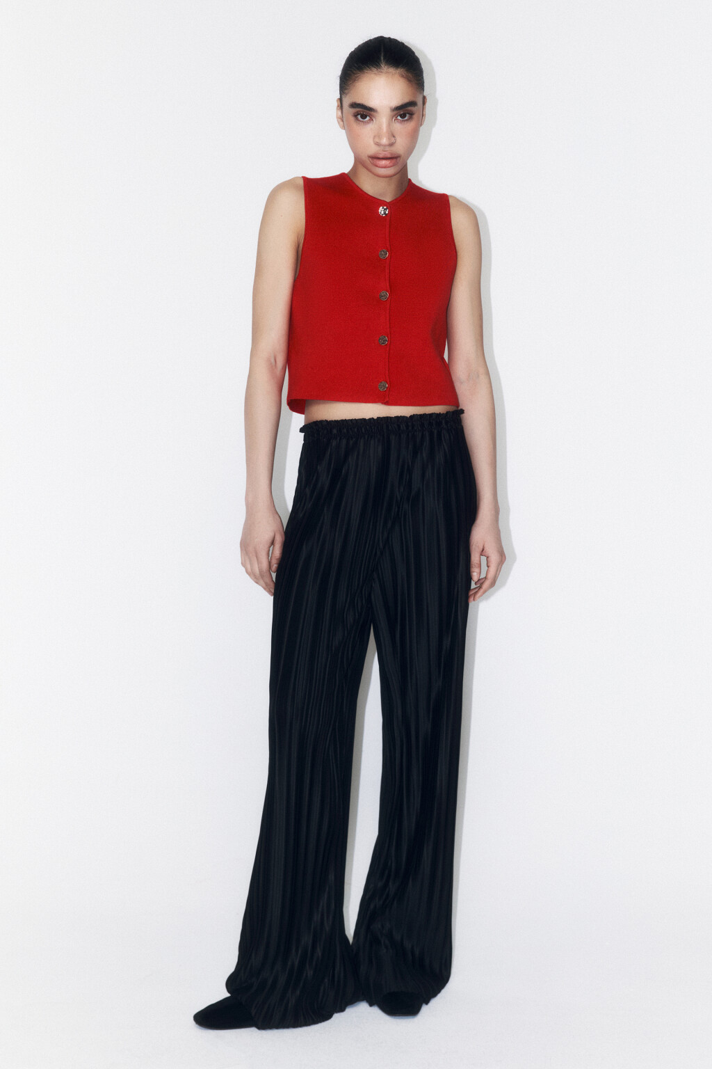 Брюки широкие атласные с высокой посадкой - цвет черный - 1