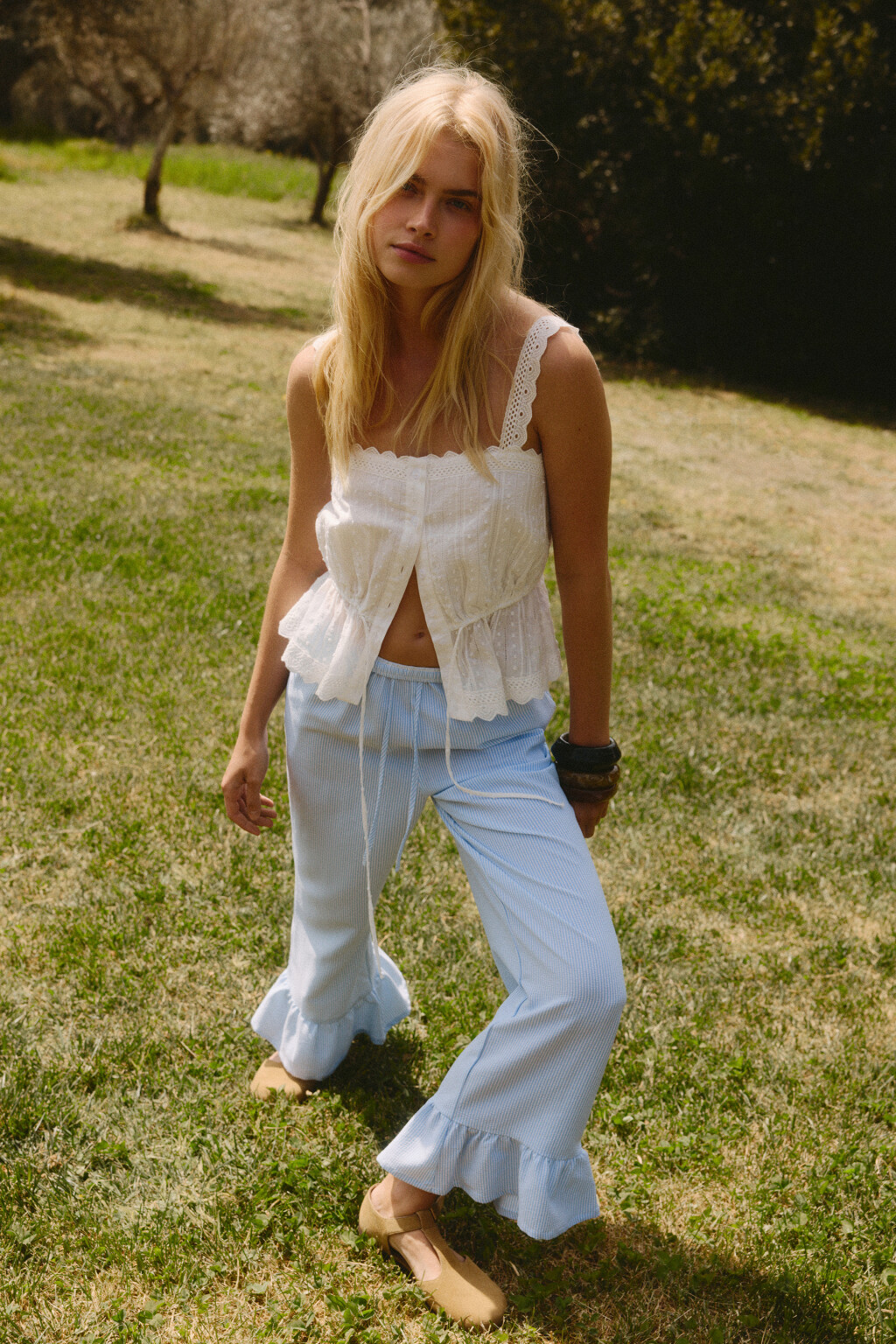 Брюки широкие укороченные с воланами - цвет голубой - 9