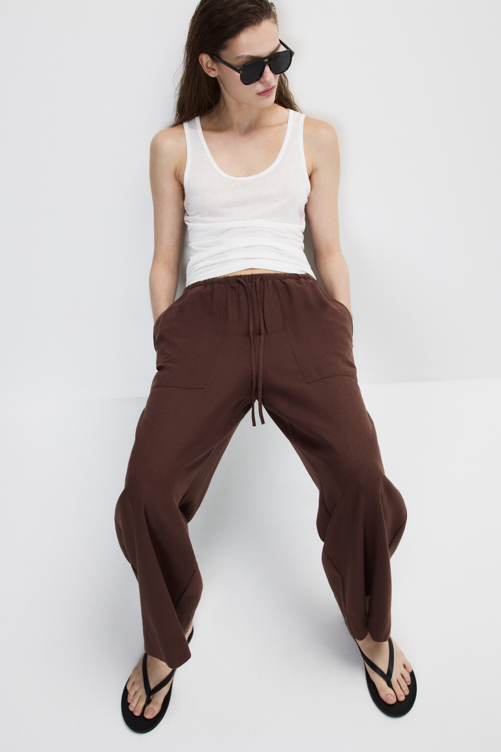 Брюки широкие с накладными карманами - цвет коричневый - 2