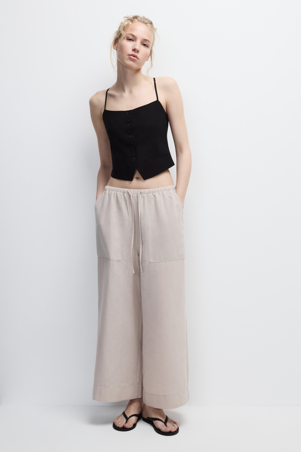 Брюки широкие с накладными карманами - цвет бежевый - 4