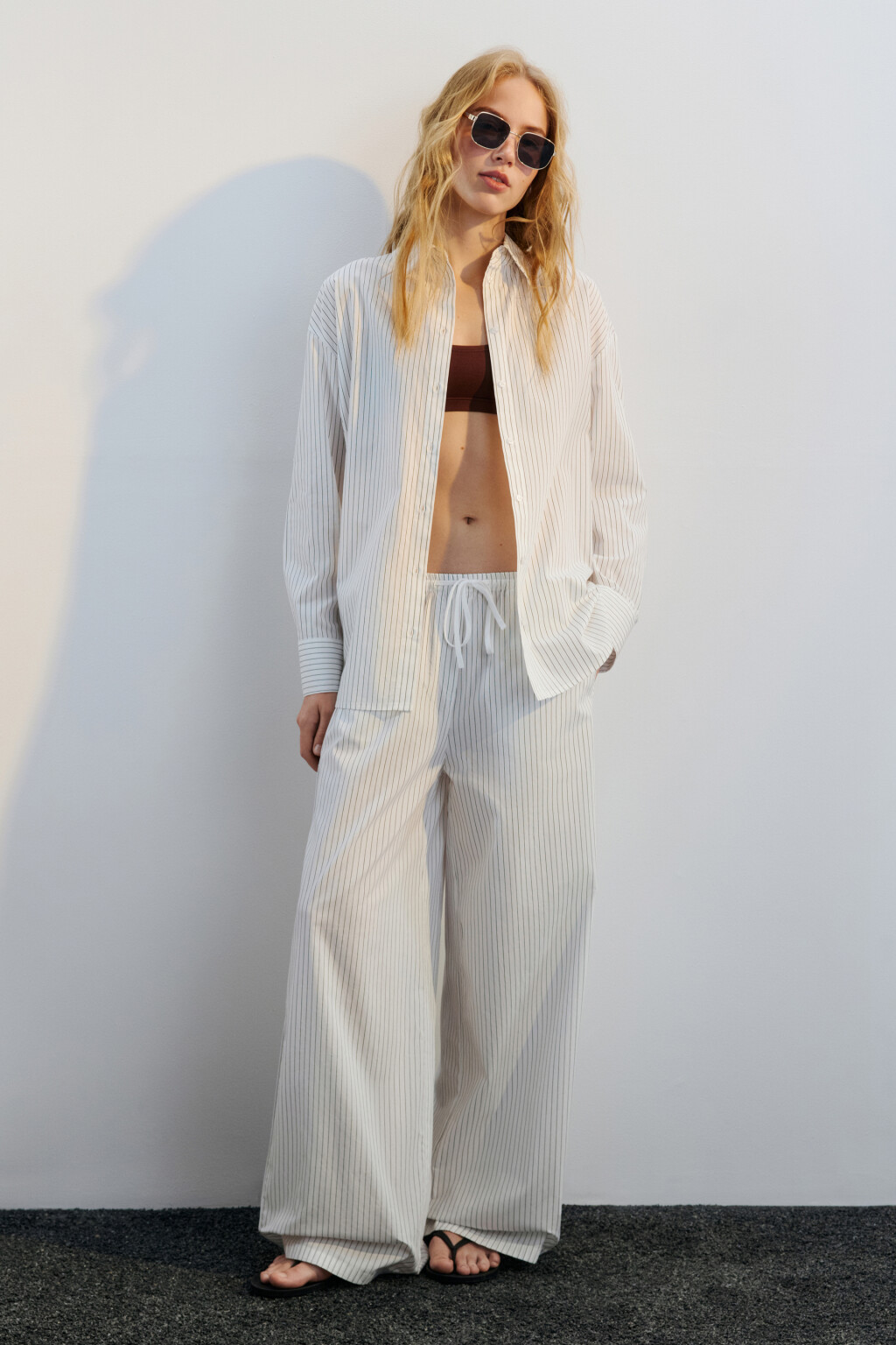 Брюки широкие хлопковые в полоску - цвет черный - 6