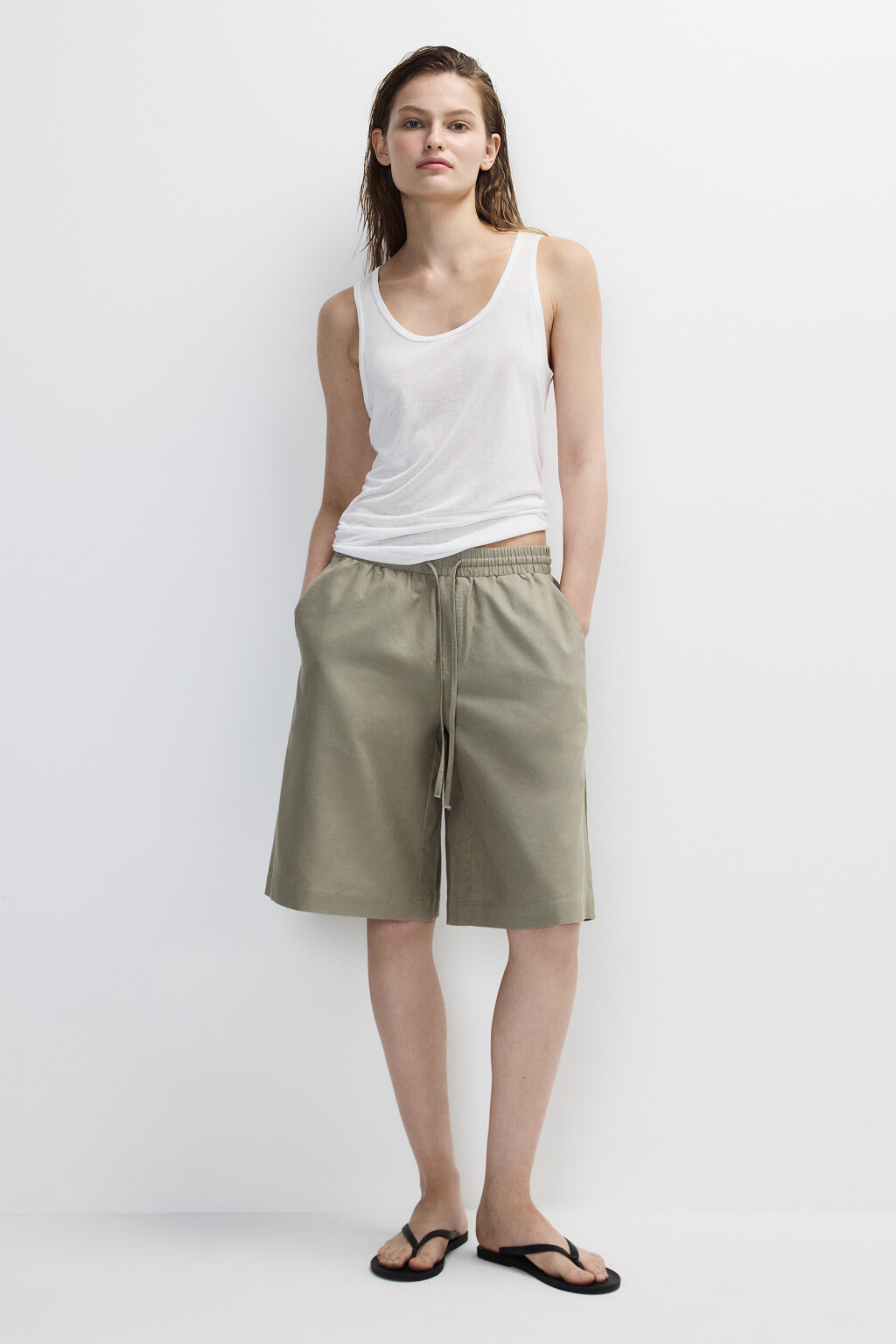 Шорты льняные с поясом на завязках - цвет зеленый - 5
