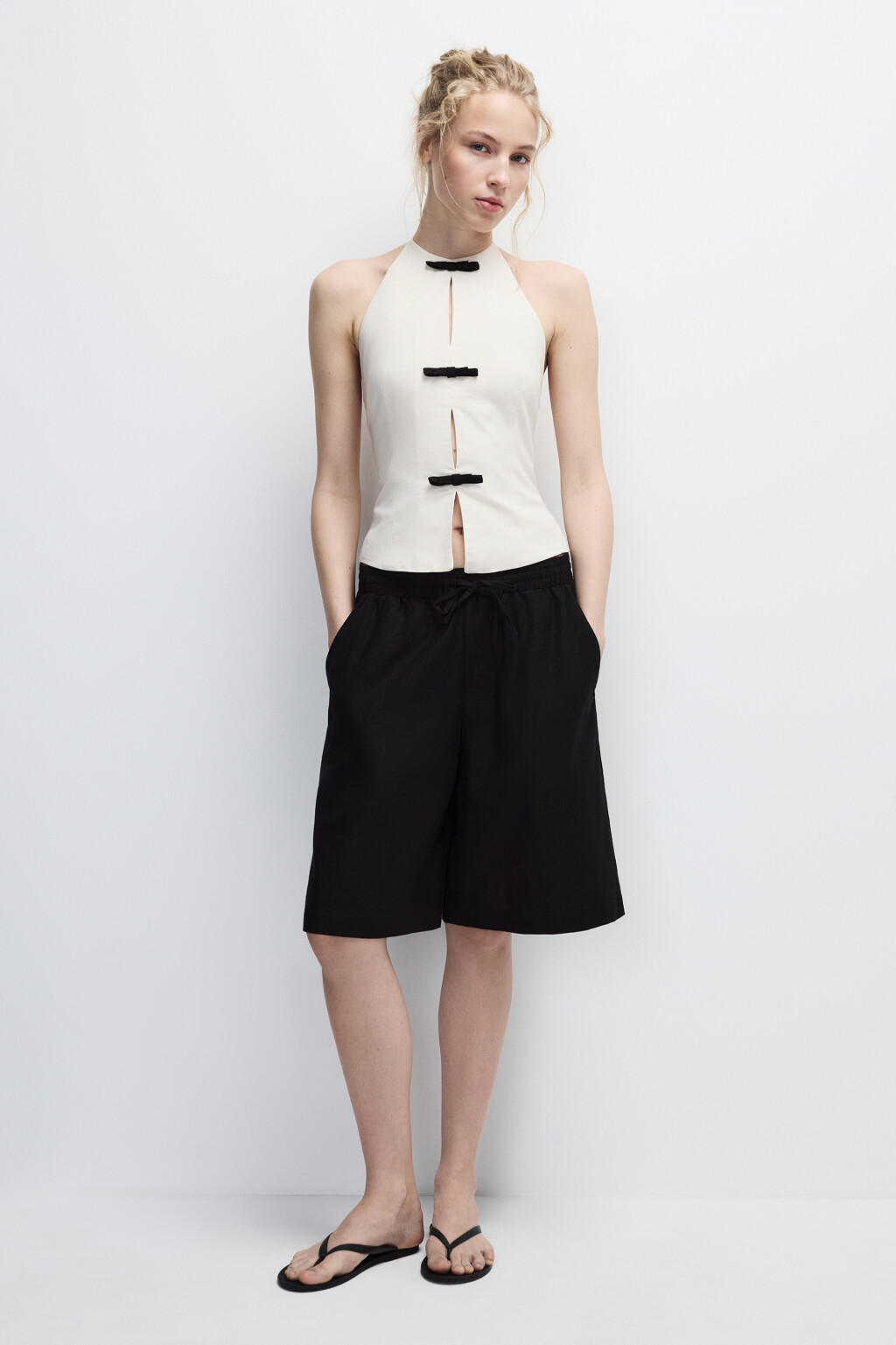 Шорты льняные с поясом на завязках - цвет черный - 4