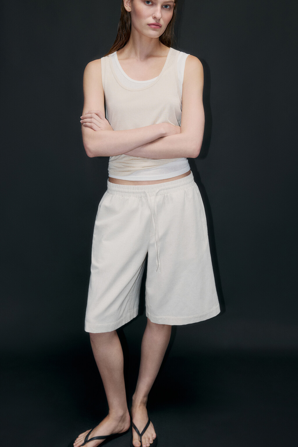 Шорты льняные с поясом на завязках - цвет бежевый - 1