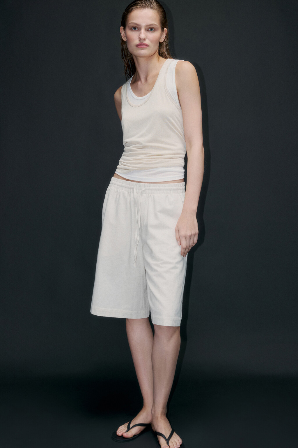 Шорты льняные с поясом на завязках - цвет бежевый - 2