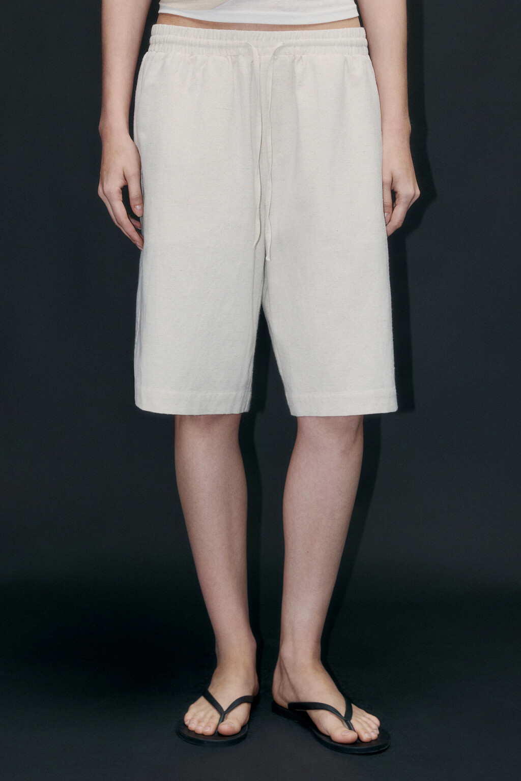 Шорты льняные с поясом на завязках - цвет бежевый - 3