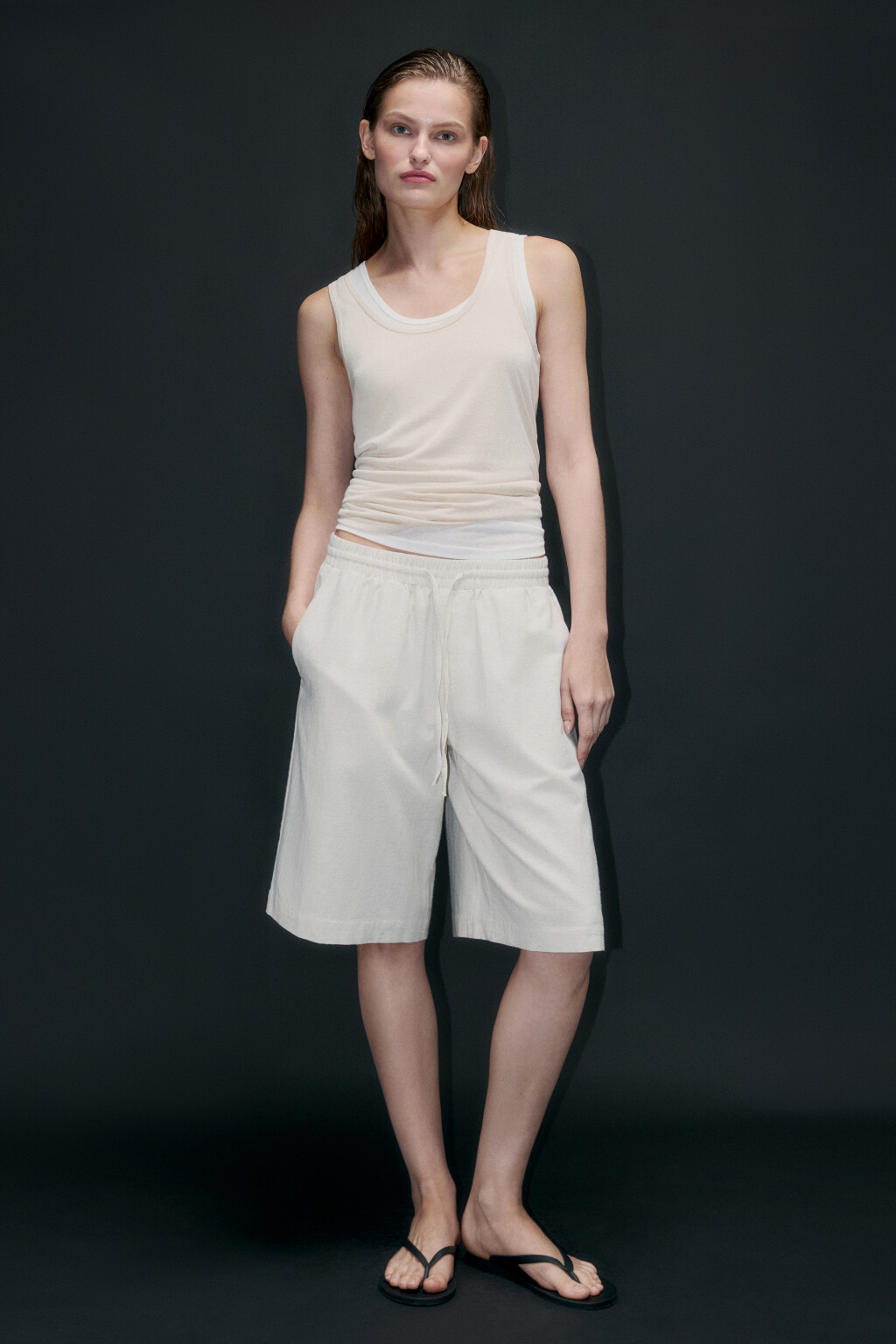 Шорты льняные с поясом на завязках - цвет бежевый - 5